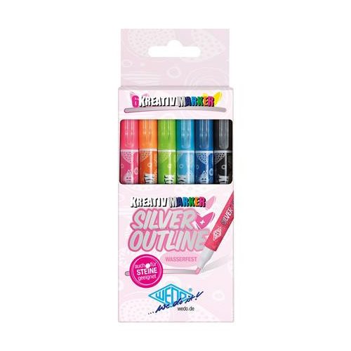 Filctoll készlet, 1-2 mm, metál ezüst, WEDO, 6 különböző színű kontúrral