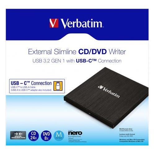 CD/DVD író, vékony, fém ház, USB 3.2 - USB-C, VERBATIM