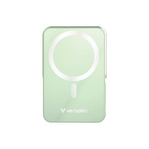Power bank, külső akkumulátor, mágneses (vezeték nélküli), 10.000mAh, kitámasztó, VERBATIM "Charge n Go", zöld