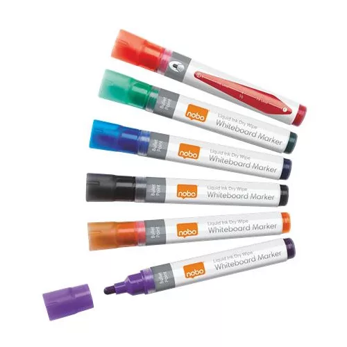 Táblamarker készlet, 1-3 mm, folyékonytintás, NOBO, 6 különböző szín