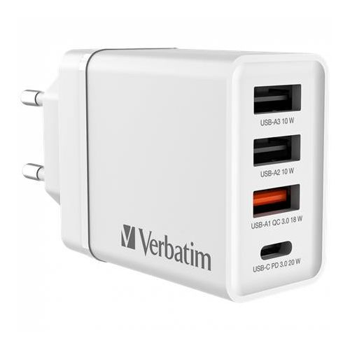 Hálózati töltő, 1xUSB-C PD (20W), USB-A QC 3.0, 2xUSB-A (10W), VERBATIM, fehér