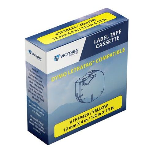 Feliratozógép szalag, 12 mm x 4 m, VICTORIA TECHNOLOGY, sárga