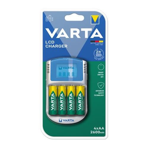 Elemtöltő, AA ceruza/AAA mikro, 4x2600 mAh AA, LCD kijelző, 12V USB, VARTA