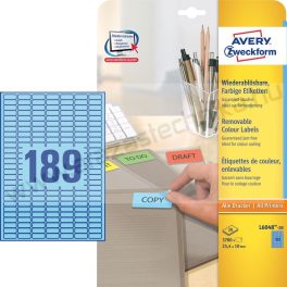  Etikett címke, 25,4 x10mm, univerzális visszaszedhető, 189 címke/ív, 20 ív/doboz, Avery kék