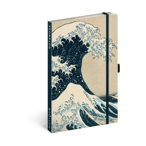 Keménytáblás notesz vonalas krémszínű lapokkal leszorító gumiszalaggal Katsushika Hokusai 130x210mm, Presco