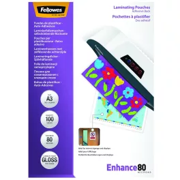   Lamináló fólia, A3, 80 mikron, fényes, öntapadó hátlappal, 100 db/doboz, Fellowes®