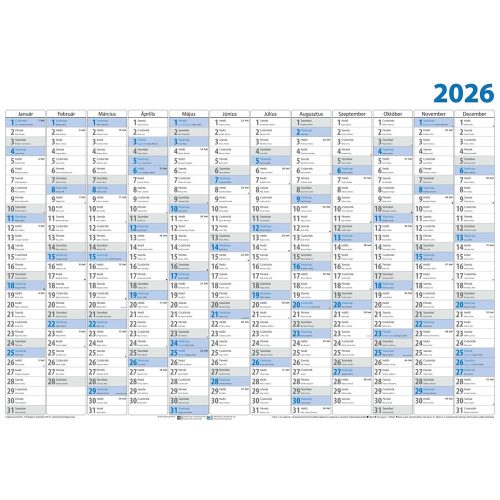 Plakátnaptár 980 × 680 mm, fehér lapokkal kék ívben Dayliner 2026.