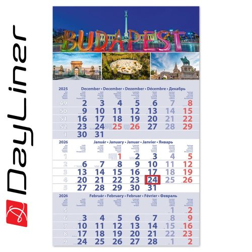 Speditőr naptár 1 tömb, 3 hónap Primus Club 300 × 480 mm, fehér lapokkal Budapest Dayliner 2026.