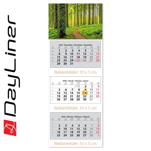 Speditőr naptár 3 tömb, 3 hónap SP-3 330 × 880 mm, fehér lapokkal Erdő Dayliner 2026.