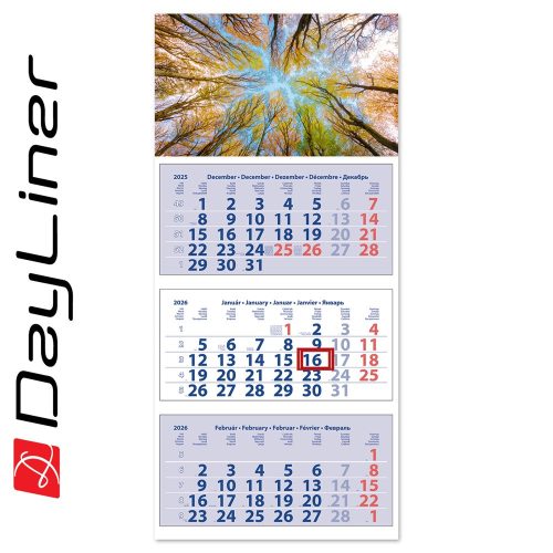 Speditőr naptár 3 tömb, 3 hónap Maxi Club 350 × 820 mm, fehér lapokkal Erdő Dayliner 2026.