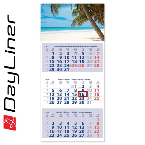 Speditőr naptár 3 tömb, 3 hónap Maxi Club 350 × 820 mm, fehér lapokkal Tengerpart Dayliner 2026.