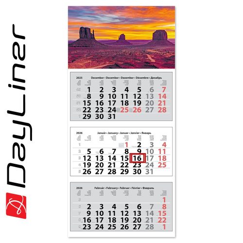 Speditőr naptár 3 tömb, 3 hónap Medium Classic 350 × 755 mm, fehér lapokkal Hangulat Dayliner 2026.