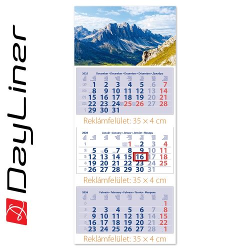 Speditőr naptár 3 tömb, 3 hónap Medium Club 350 × 755 mm, fehér lapokkal Hegy Dayliner 2026.