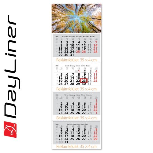 Speditőr naptár 4 tömb, 4 hónap Szuper Maxi 350 × 1025 mm, fehér lapokkal Erdő Dayliner 2026.