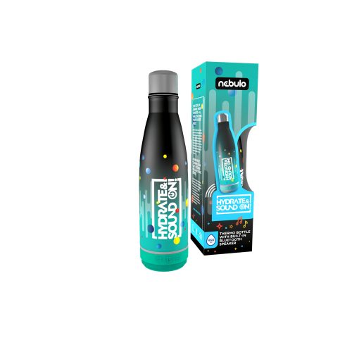 Palack, thermo, beépített bluetooth hangszóróval 460 ml fekete-türkiz, Nebulo