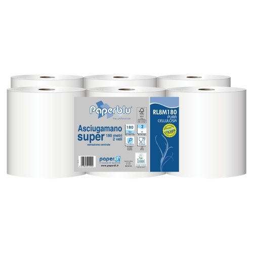 Kéztörlő 2 rétegű tekercses átmérő: 20 cm 100% cellulóz 6 tekercs/csomag Paperdi_RL8M180 fehér