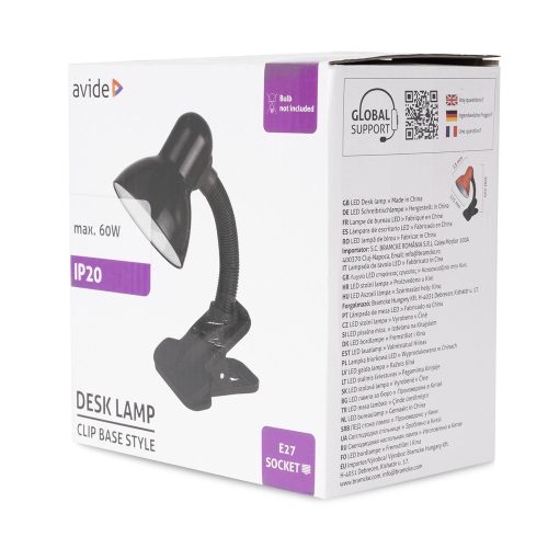 Asztali lámpa, Basic csiptethető, max. 60W, AVIDE, fekete