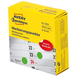   Etikett címke, o19mm, tekercses jelölőpont adagoló dobozban 250 címke/doboz, Avery zöld