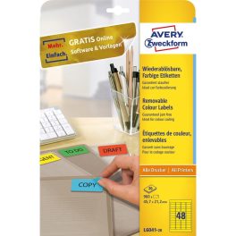   Etikett címke, 45,7 x21,2mm, univerzális visszaszedhető, 48 címke/ív, 20 ív/doboz, Avery sárga