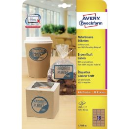   Etikett címke, 62 x42mm, környezetbarát 18 címke/lap, 25 lap/doboz, Avery barna