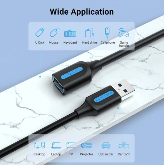 Vention USB-A 3.0/M -> USB-A 3.0/F, (hosszabbító,PVC), 2m, kábel