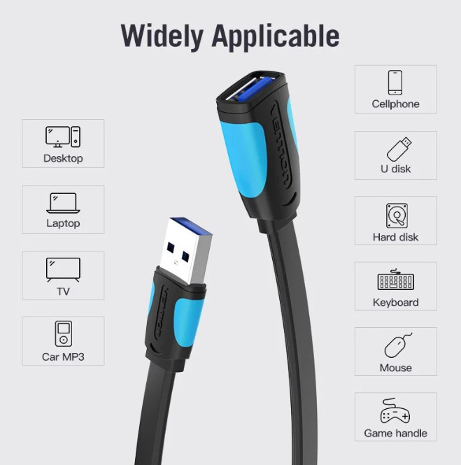 Vention USB 3.0, (hosszabbító, lapos, fekete), 1m, kábel