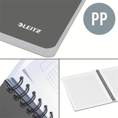 Spirálfüzet, A4, kockás, 90 lap, PP borító, LEITZ "Office", szürke-piros