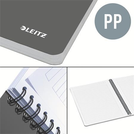 Spirálfüzet, A4, vonalas, 90 lap, PP borító, LEITZ "Office", szürke-piros