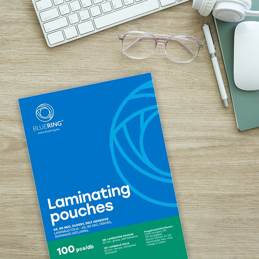 Lamináló fólia A5, 80 micron öntapadó hátlappal 100 db/doboz, Bluering Lamináló fólia A5, 80 micron öntapadó hátlappal 100 db/doboz, Bluering