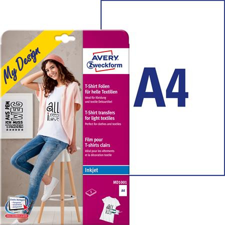 Image of Fólia, vasalható, A4, tintasugaras nyomtatóba, világos textilhez, AVERY ZWECKFORM