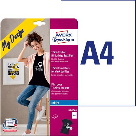 Image of Fólia, vasalható, A4, tintasugaras nyomtatóba, sötét és színes textilhez, AVERY ZWECKFORM