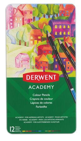 Image of Színes ceruza készlet, fém doboz, DERWENT "Academy", 12 különböző szín