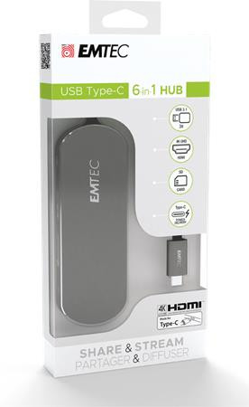 Image of USB elosztó-HUB, USB-C/USB 3.1/HDMI/SD kártya, EMTEC "T650C"
