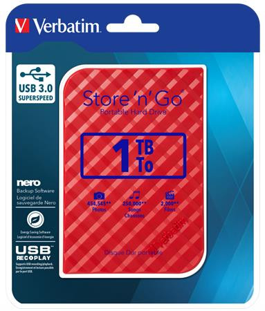 Image of 2,5" HDD (merevlemez), 1TB, USB 3.0, VERBATIM "Store n Go", piros