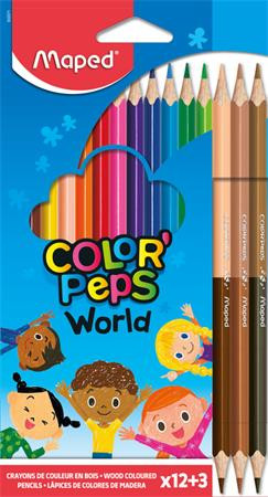 Image of Színes ceruza készlet, háromszögletű, MAPED "Color'Peps World", 12 különböző szín + 3 kétvégű bőrtónus ceruza