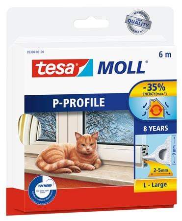 Image of Ajtó- és ablaktömítő szalag, 9 mm x 6 m, TESA "tesamoll® P profil", fehér