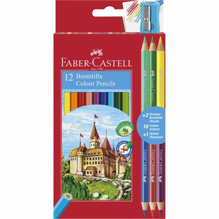 Image of Színes ceruza készlet, hatszögletű, FABER-CASTELL, 12 különböző szín + 3 db bicolor ceruza