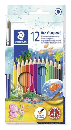 Image of Akvarell ceruza készlet, hatszögletű, ecsettel, STAEDTLER "Noris® aquarell 144 10", 12 különböző szín