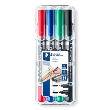 Image of Alkoholos marker készlet, 0,6/1,5 mm, kúpos, kétvégű, STAEDTLER "Lumocolor® duo 348", 4 különböző szín