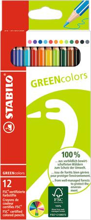 Image of Színes ceruza készlet, hatszögletű, STABILO "GreenColors", 12 különböző szín