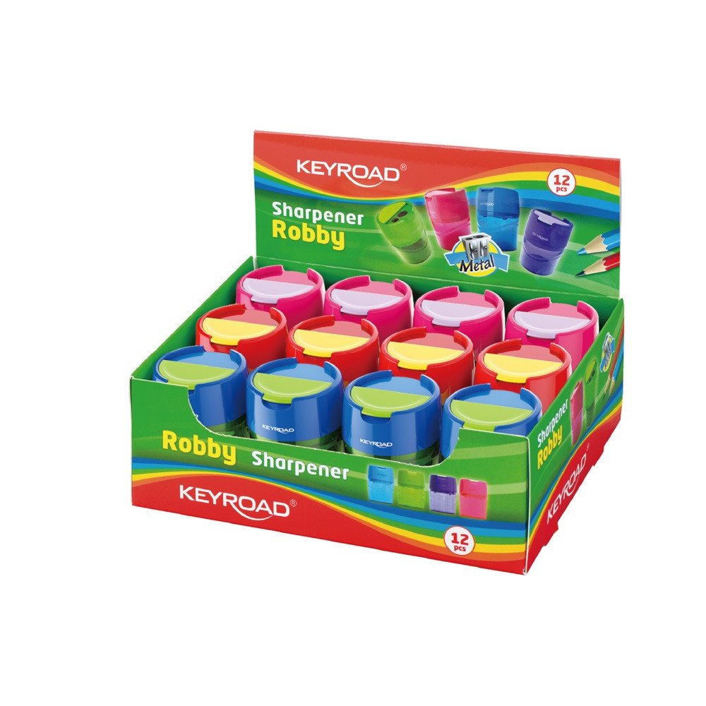 Image of Hegyező 2 lyukú tartályos, fedeles, fém belsővel 12 db/display Keyroad Robby vegyes színek