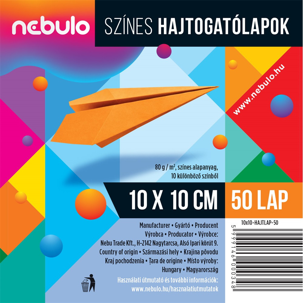Image of Hajtogatólapok színes 10x10 cm, vegyes színek, 50 lap/csomag, Nebulo