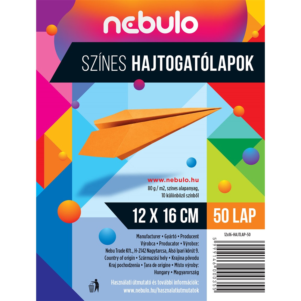 Image of Hajtogatólapok színes 12x16 cm, vegyes színek, 50 lap/csomag, Nebulo