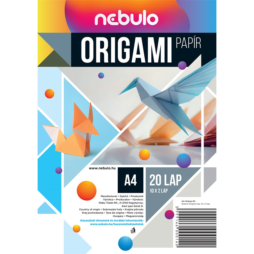 Image of Origami papír A4, vegyes színek, 20 lap/csomag, Nebulo