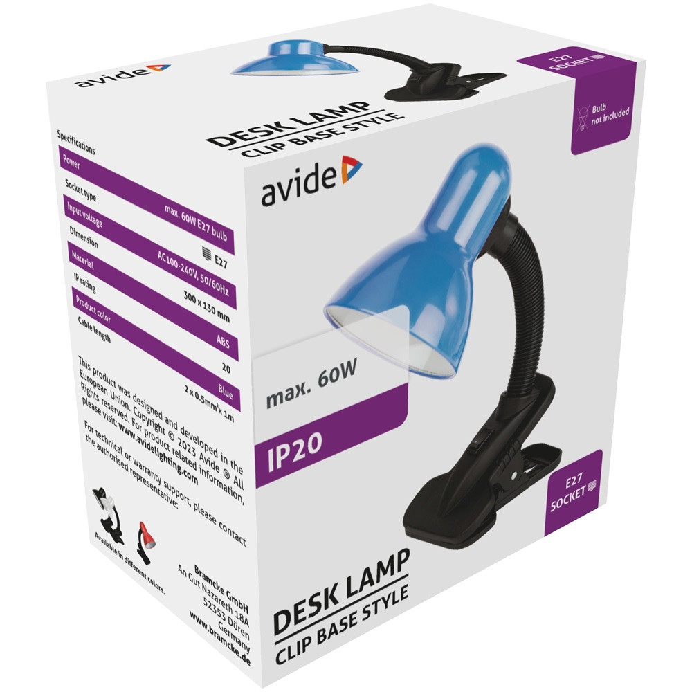Asztali lámpa, Basic csiptethető, max. 60W, AVIDE, kék Asztali lámpa, Basic csiptethető, max. 60W, AVIDE, kék